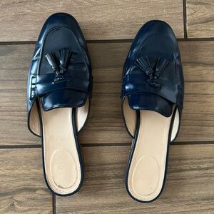 J. Crew Blue Leather Mules with Woven Design